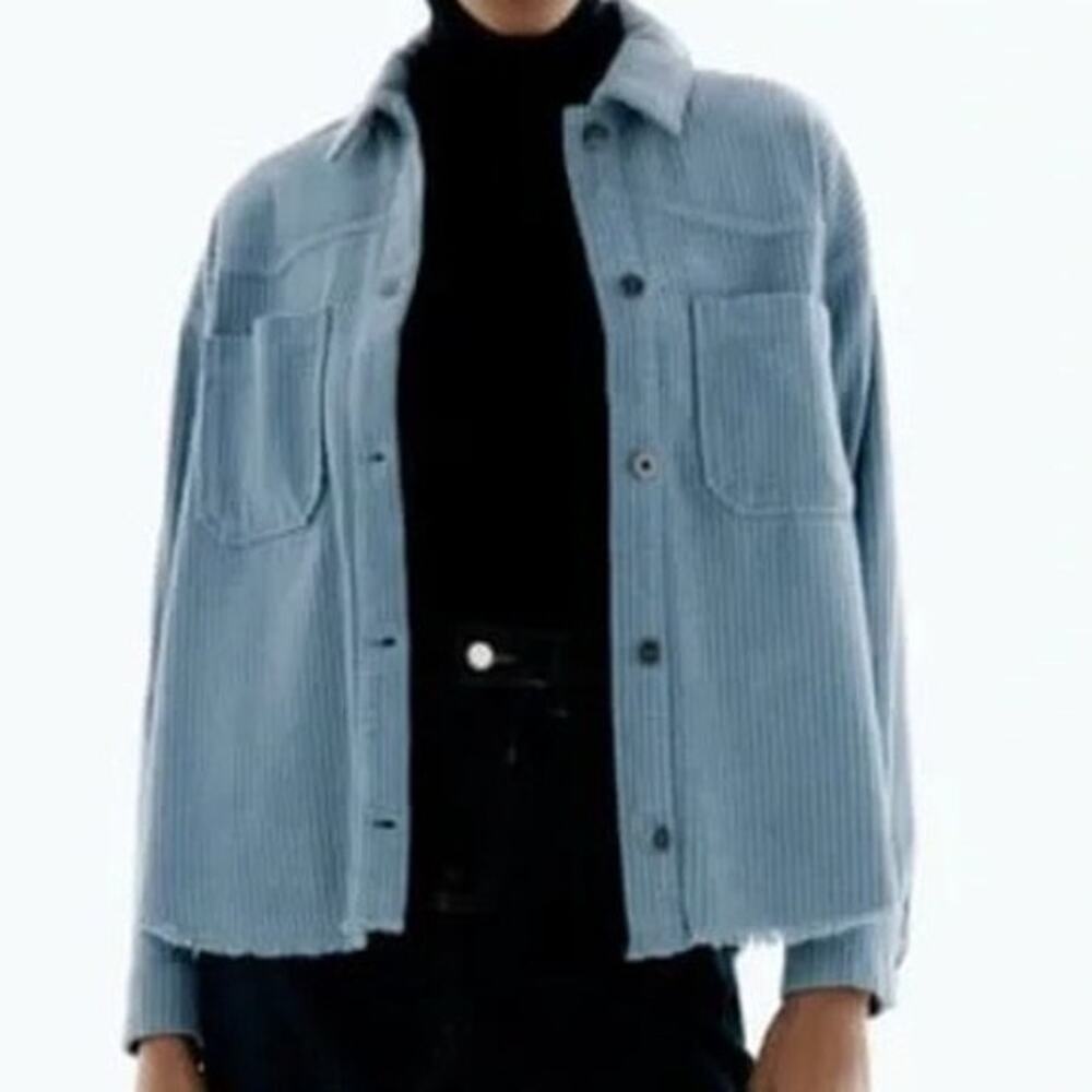 Zara Oversized Long Sleeve Corduroy Shacket Raw Hem Button Down Jacket M Blue